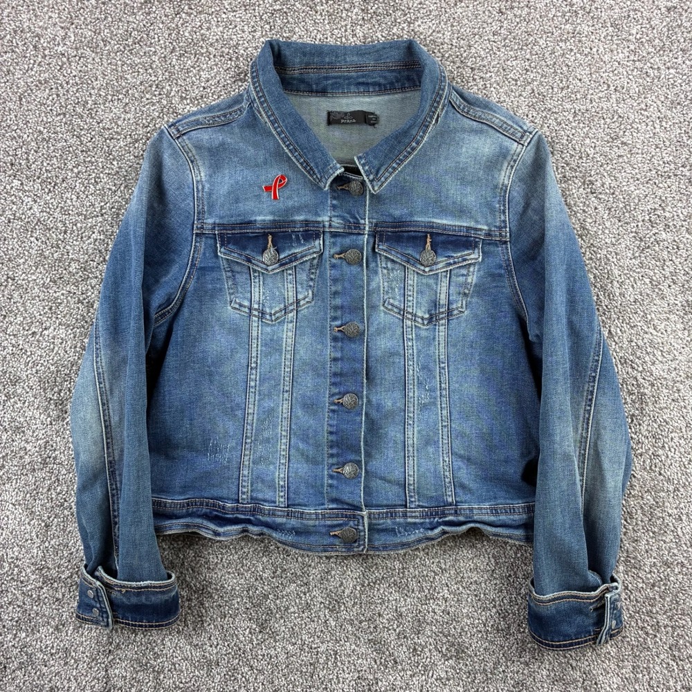 Prana Denim Jacket Women's Small Blue Light Wash Distressed Button‎ Trucker